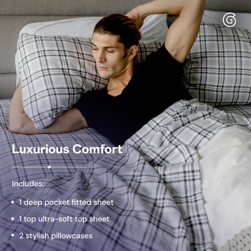 Gravity Modernist Flannel Bed Sheet Set, Full (Grey Plaid) - 100% Cotton Plaid Bedsheets - Includes Deep Pocket Fitted Sheet, Top Sheet & Pillowcases - Lightweight, Ultra-Soft & Machine Washable - Image 2
